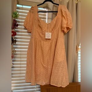 Baevely Peach Eyelet Puff-Sleeve Mini Dress